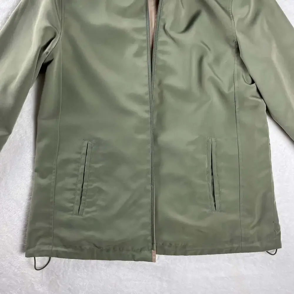 Reversible Hooded Rain Jacket Sage Green‎ Tan Minimalist Zip Windbreaker Women's